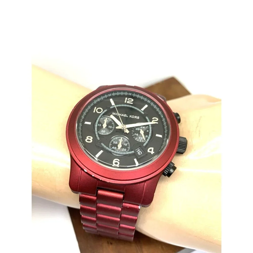 Michael Kors Mens Watch MK9148 Runway Quartz Black Dial Red Stainless Steel 45mm